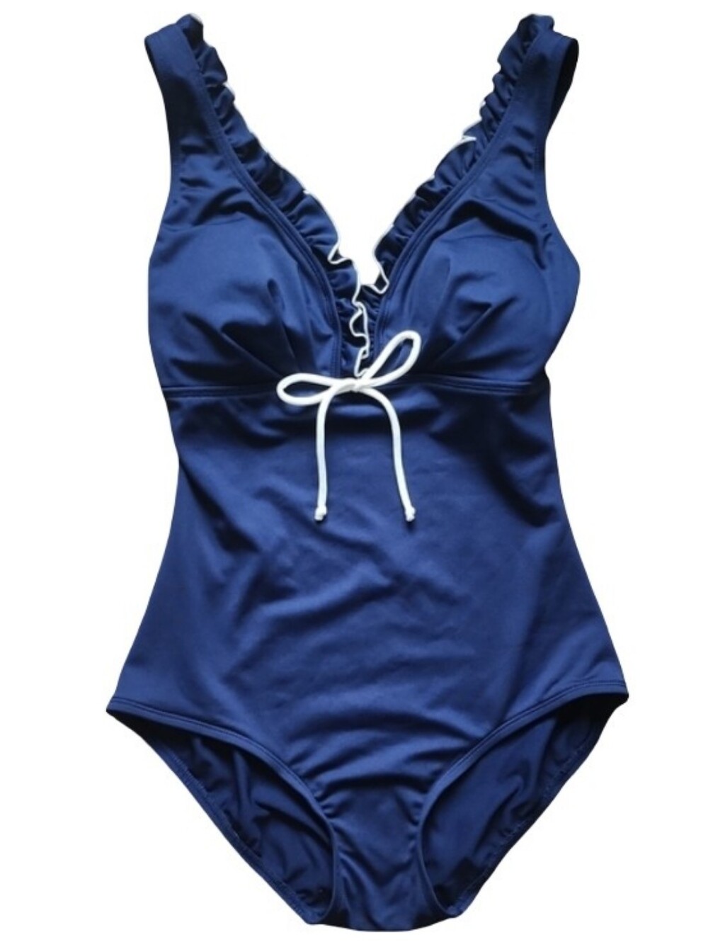 Gabar Navy Ruffle Trim One Piece Swimsuit Size 8 NWOT Tummy Control